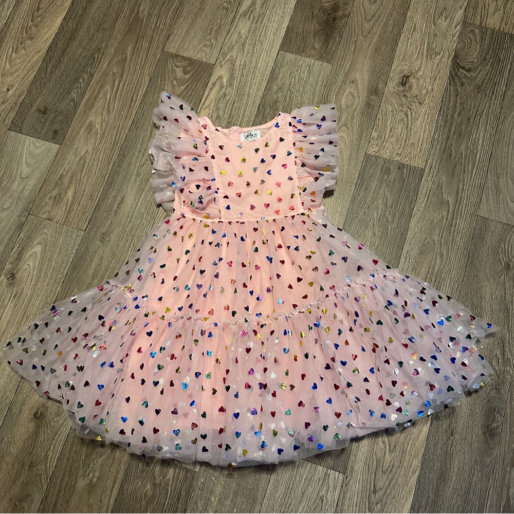 Lola + The Boys Pink Tulle Rainbow Heart Dress Flutter Sleeves